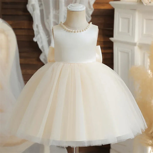 Baby Mädchen Kleid Große Schleife Perlen Rückenfrei 1. Geburtstag Party Kleid Säugling Mädchen Prinzessin Hochzeit Tüll Kleid Taufe Kleid 1-5J - Golden Bridge Store