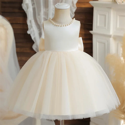 Baby Mädchen Kleid Große Schleife Perlen Rückenfrei 1. Geburtstag Party Kleid Säugling Mädchen Prinzessin Hochzeit Tüll Kleid Taufe Kleid 1-5J