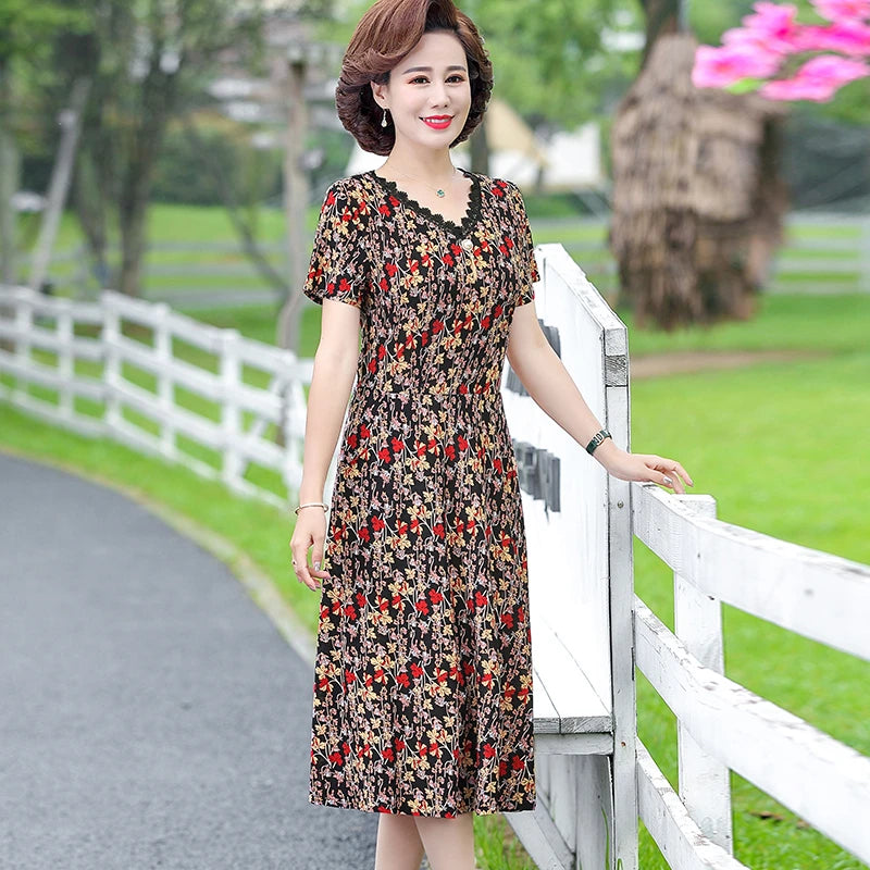 Elegant Women Dress Elegant Casual V-Neck Print Vintage Ladies Mid-Calf High Waist Summer Bohemian Dresses
