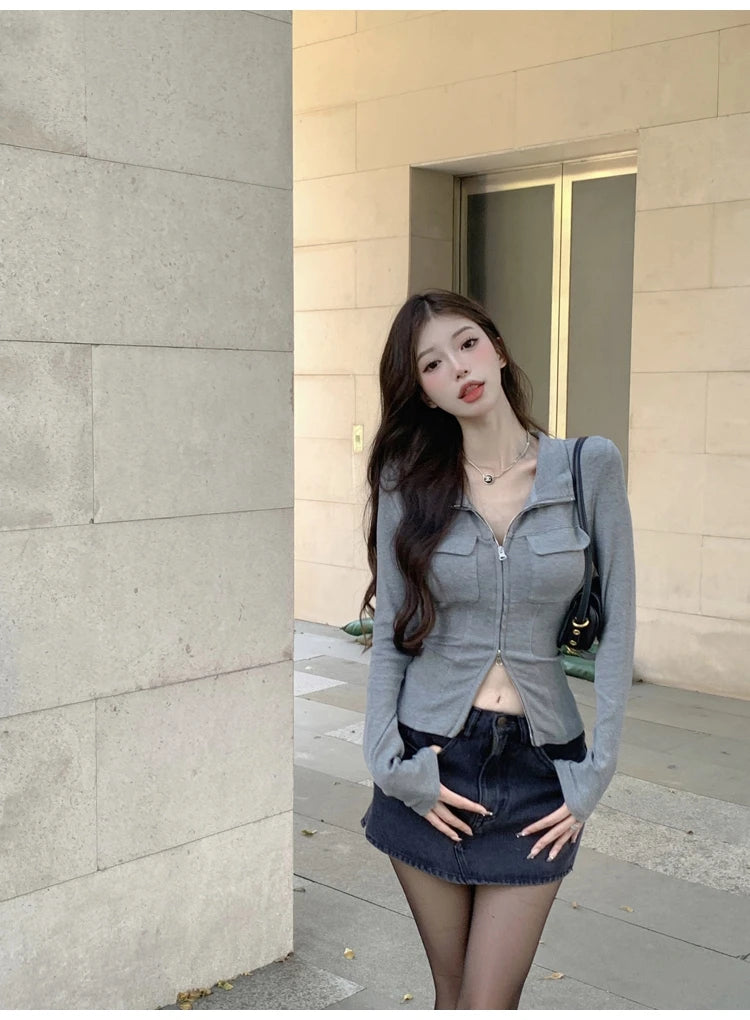 Women T-shirt Spring Autumn Clothes Ribbed Knitted Long Sleeve Short Tops Zipper Design Tee elegant Female Slim Tops