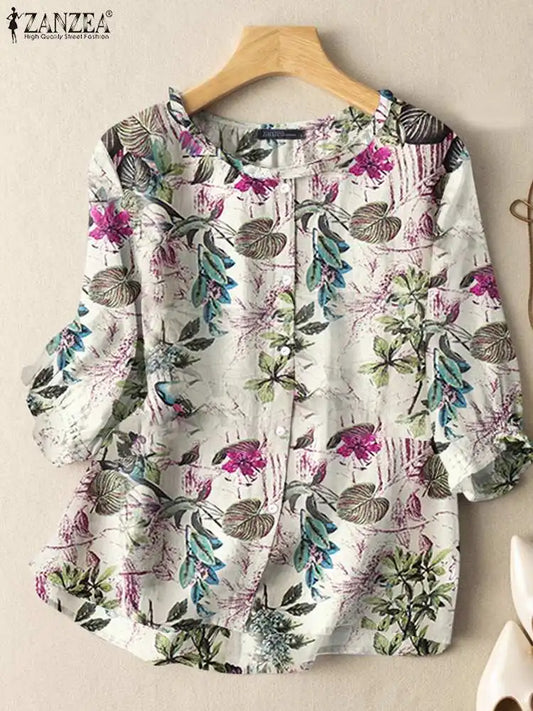 Bohemian Ruffles Tunic Shirt Work Blusas ZANZEA Women Summer O Neck 3/4 Sleeve Tops Casual Mujer Vintage Floral Printed Blouse