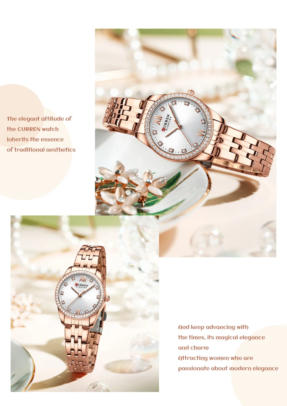 CURREN Luxus Uhr Damen Ring Halskette Ohrringe - Strass Mode Armbanduhr Weiblich Casual Damen Uhren Armband 5-teiliges Set