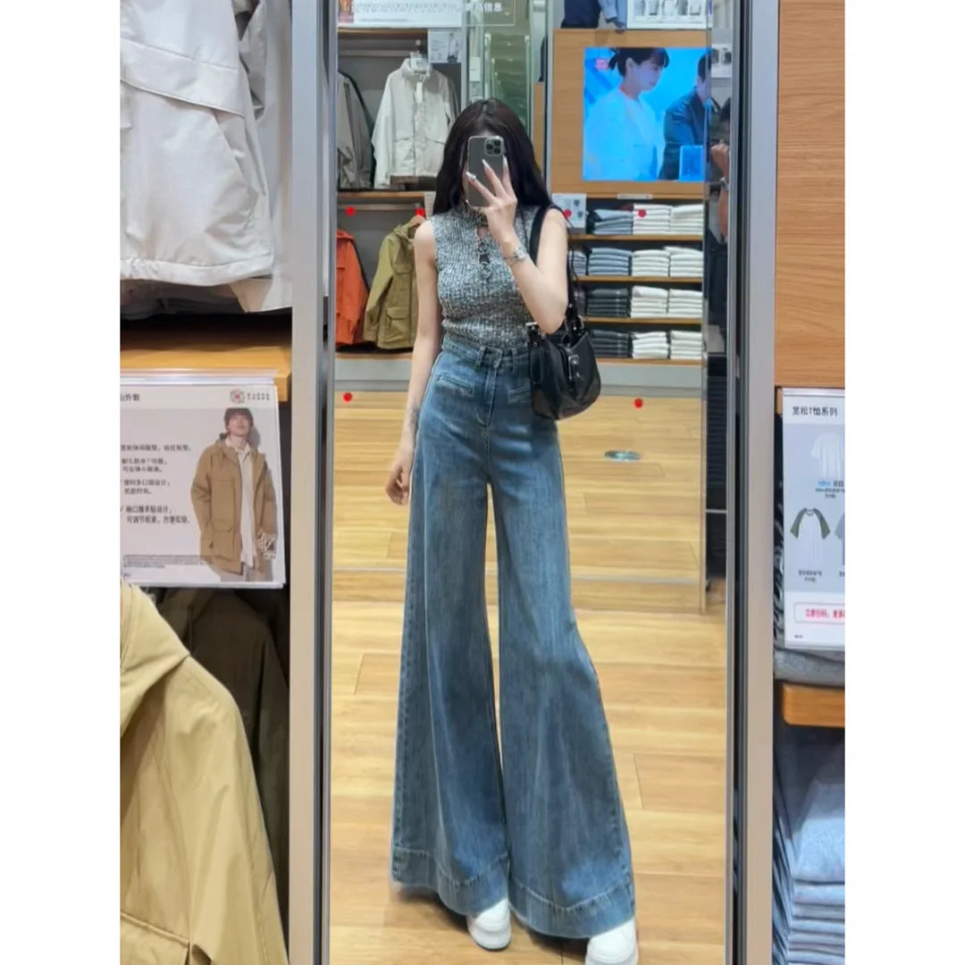 White Jeans with Pant Legs Women 2024 Spring New Temperament Korean Version of High Waist Loose Look Slim Wide Leg Pants Jeans