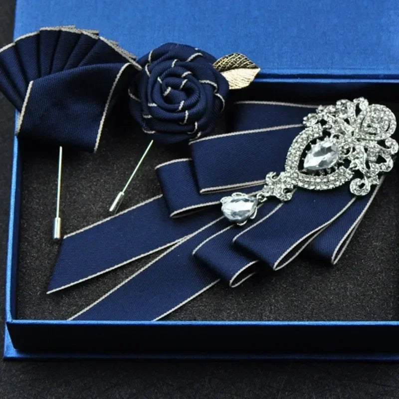 Fashion Handmade Bow Tie Wedding Collar Luxury Rhinestone Bowtie Necktie Brooch Pocket Towel Square Set Gift for Men Accessories
