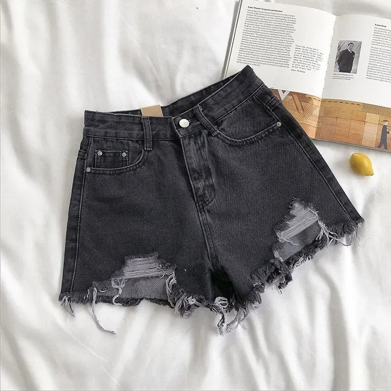 Korean Denim Shorts Women Summer Fashion Casual High Waist Ripped Jeans Pocket Tassel Y2K Hot Pants Streetwear Blue Trousers - Golden Bridge Store