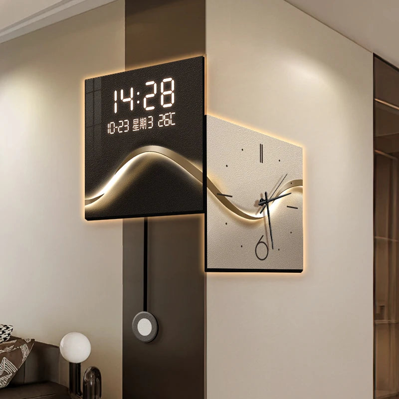 Home Decor Rear LED Light Corner Wall Clock Home Living Room Decorative Corner Double Sided Clock Digital and Analog Clocks