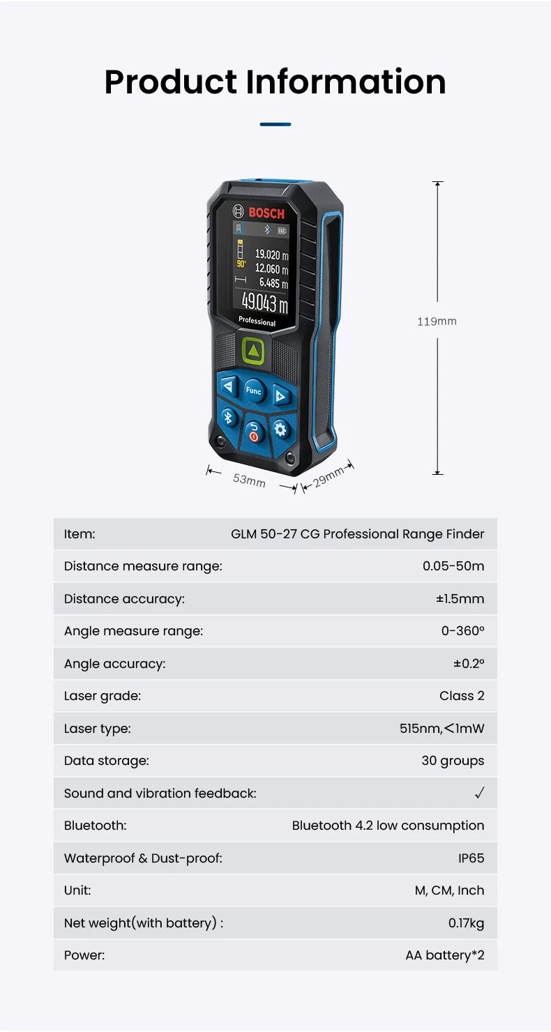 Bosch GLM 50-27 CG Professional Laser Entfernungsmesser 2025 - 50M Elektronisch Messwerkzeuge - Bluetooth App Fernsteuerung Farbiges Display