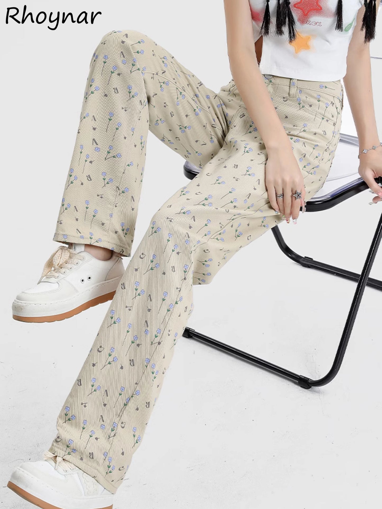 Damen Jeans 2025 - Washed High Waist Floral Printing Straight Preppy Style Sweet