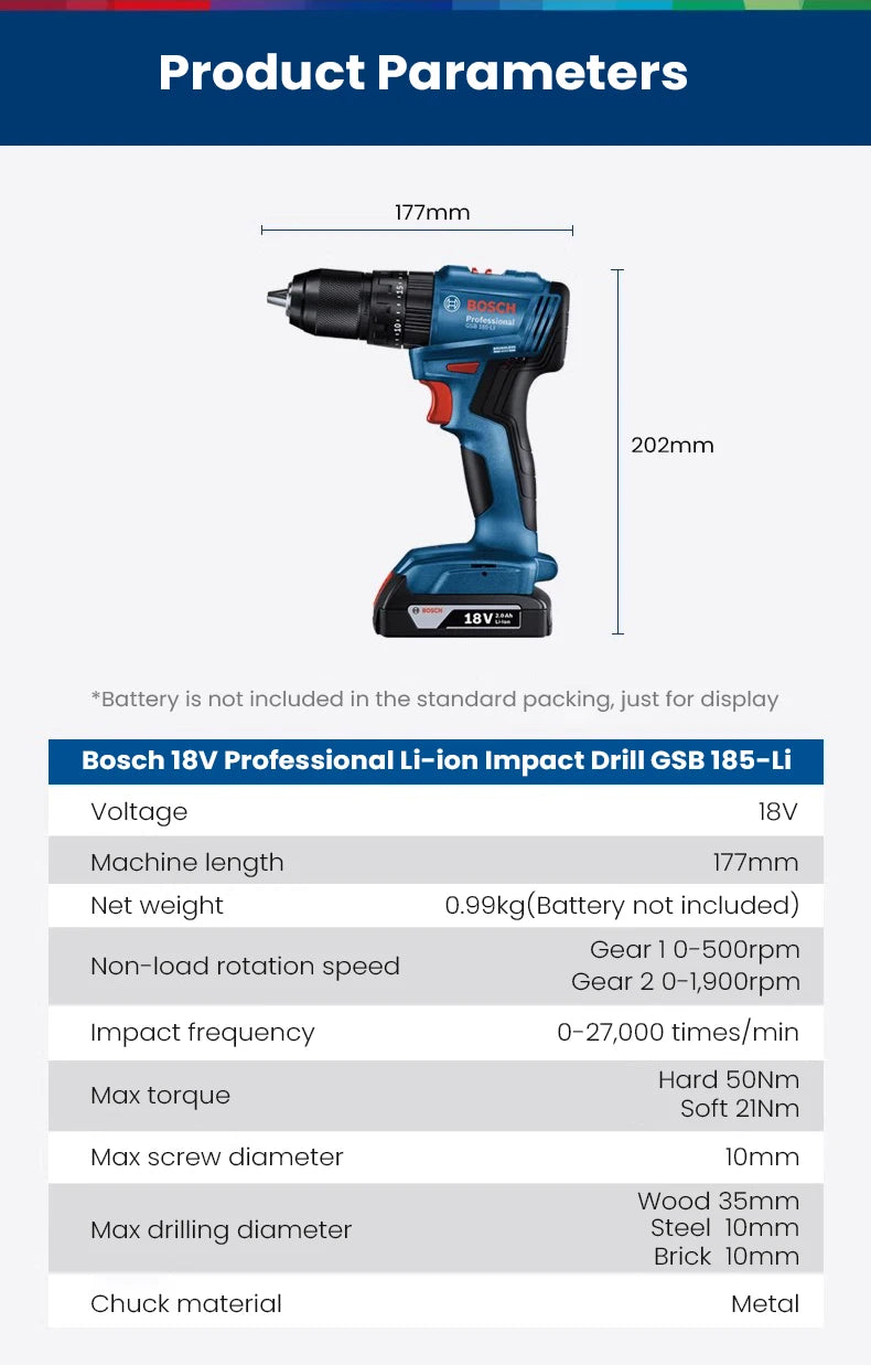 Bosch GSB 185 Li Cordless Impact Drill 3 In 1 Multifunctional 50Nm Electric Screwdriver Brushless Hammer Drilling Pro Power Tool