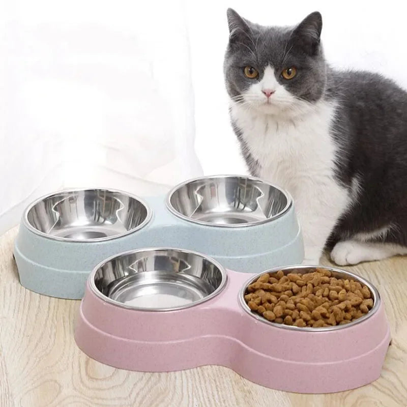 Dual pet bowl dog food water dispenser dual-purpose stainless steel pet water dispenser type cat and puppy feeding supplies