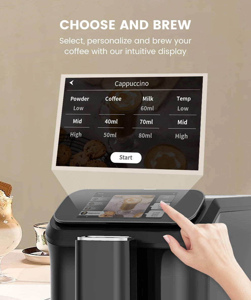 Mcilpoog WS-D5 Automatic Coffee Machine - Smart Wi-Fi , 12 Coffee Varieties, Touchscreen & Built-In Frother/1.5L Tank for Home
