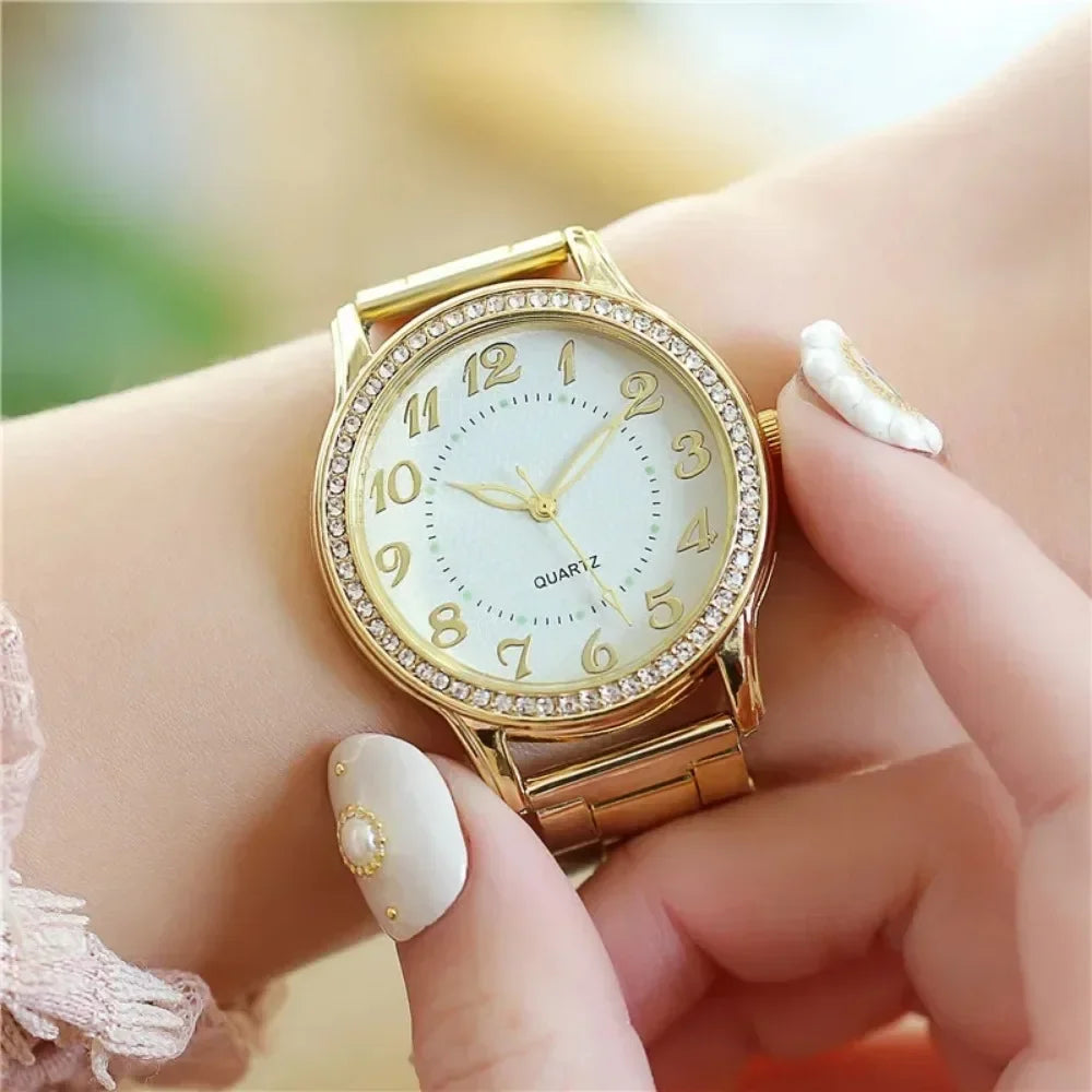 Luxury Brand Women Watch 2024 New Fashion Simple Rhinestone Steel Band Watch Ladies Big Dial Quartz Clock Bracelet Clock Reloj