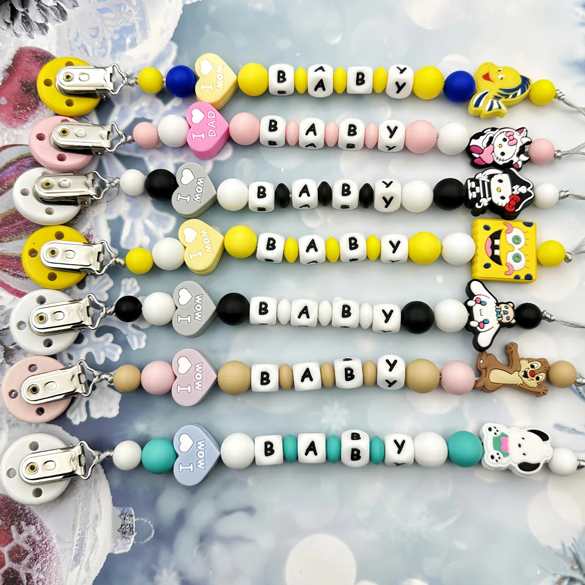 Lanț personalizat pentru suzetă cu nume - cleme din silicon cu litere englezești pentru bebeluși - suport pentru lanț, pandantiv pentru inel de dentiție, cadouri pentru bebeluși