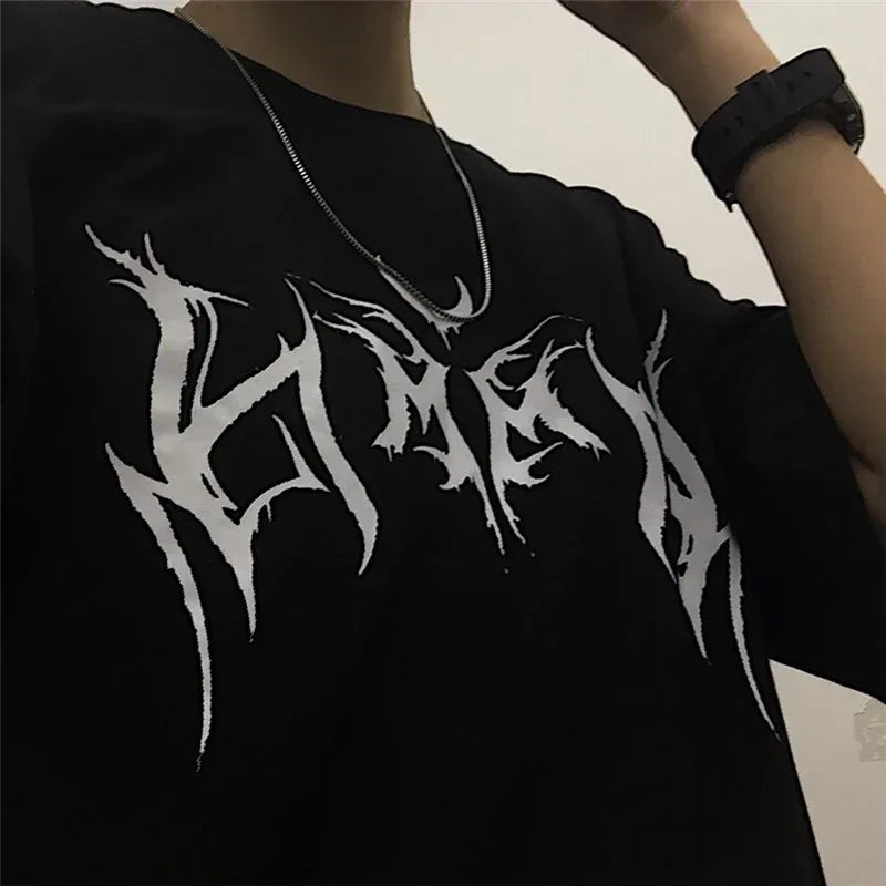 Women T Shirt Hip-Hop Loose Punk Letter Print Tops Tee Black T-shirt Female Summer T-shirt Graphic Tee Female Cute Tops Tee - Golden Bridge Store