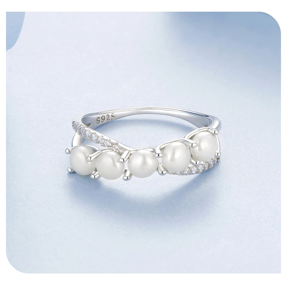 BISAER 925 Sterling Silver Pearl Ring Double Layer White Gold Zircon For Elegant Women Wedding Engagement Original Fine Jewelry