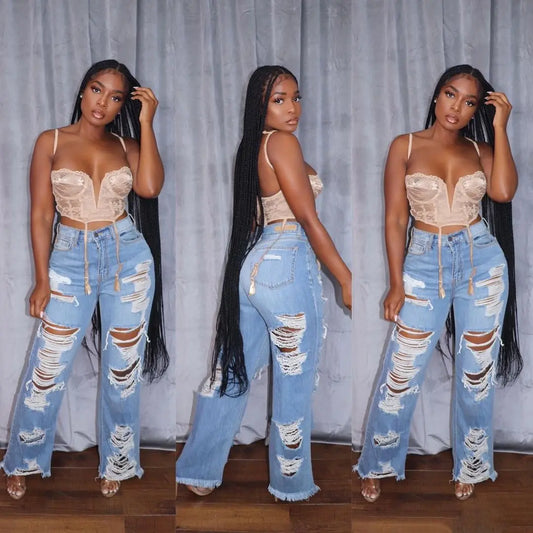 Jeans Women Long Pants Elegant Splice Denim Pant Slim Fit elegant Hole High Waist Button Pocket Straight Trousers Summer 2024