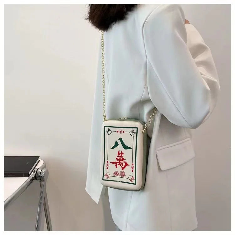 Chinese Mahjong Crossbody Bag for Women, Creative, Interesting, Printing, Chain, Shoulder Bag, PU Leather, Messenger Bag Fashion