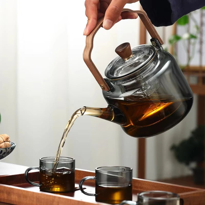 Gray Glass Teapot with Infuser Heat Resistant Tea Kettle Transparent Kung Fu Tea Set Portable Handle Pot Home Office Teaware