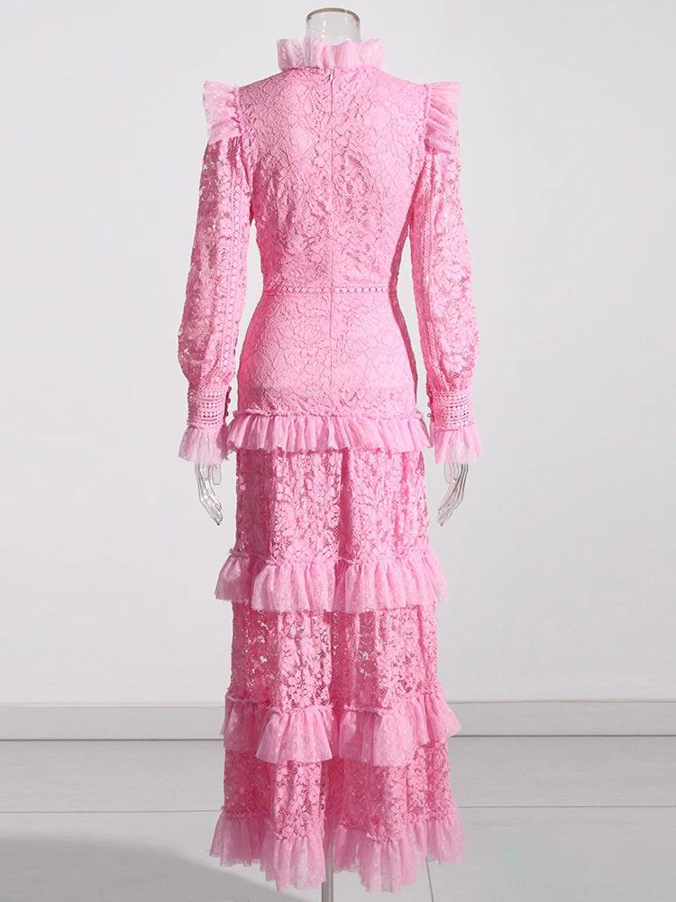 TWOTWINSTYLE Elegant Dresses For Women Stand Collar Long Sleeve High Waist Embroidery Slim Dress Female Fashion Clothing 2023