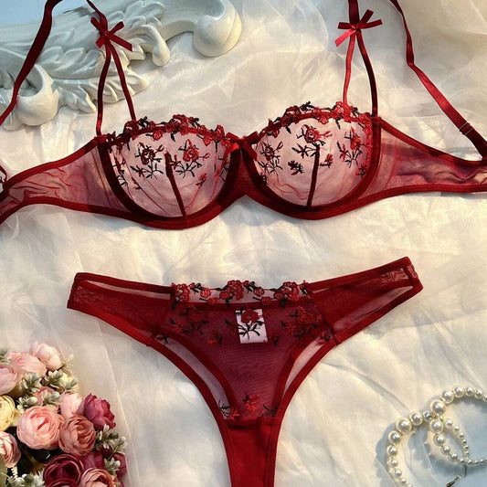Fashion Embroidery Underwear Transparent Lingerie elegant Floral Lace Short Skin Care Kits Delicate Fairy Set Woman 2 Pieces