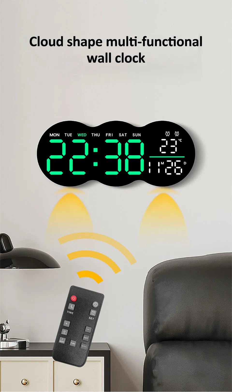 Wanduhr 2025: Large Digital Wall Clock with Ambient Light Remote Control - Temp Week Display 12/24H 2-Alarms Brightness Adjustable LED Clocks Collection
