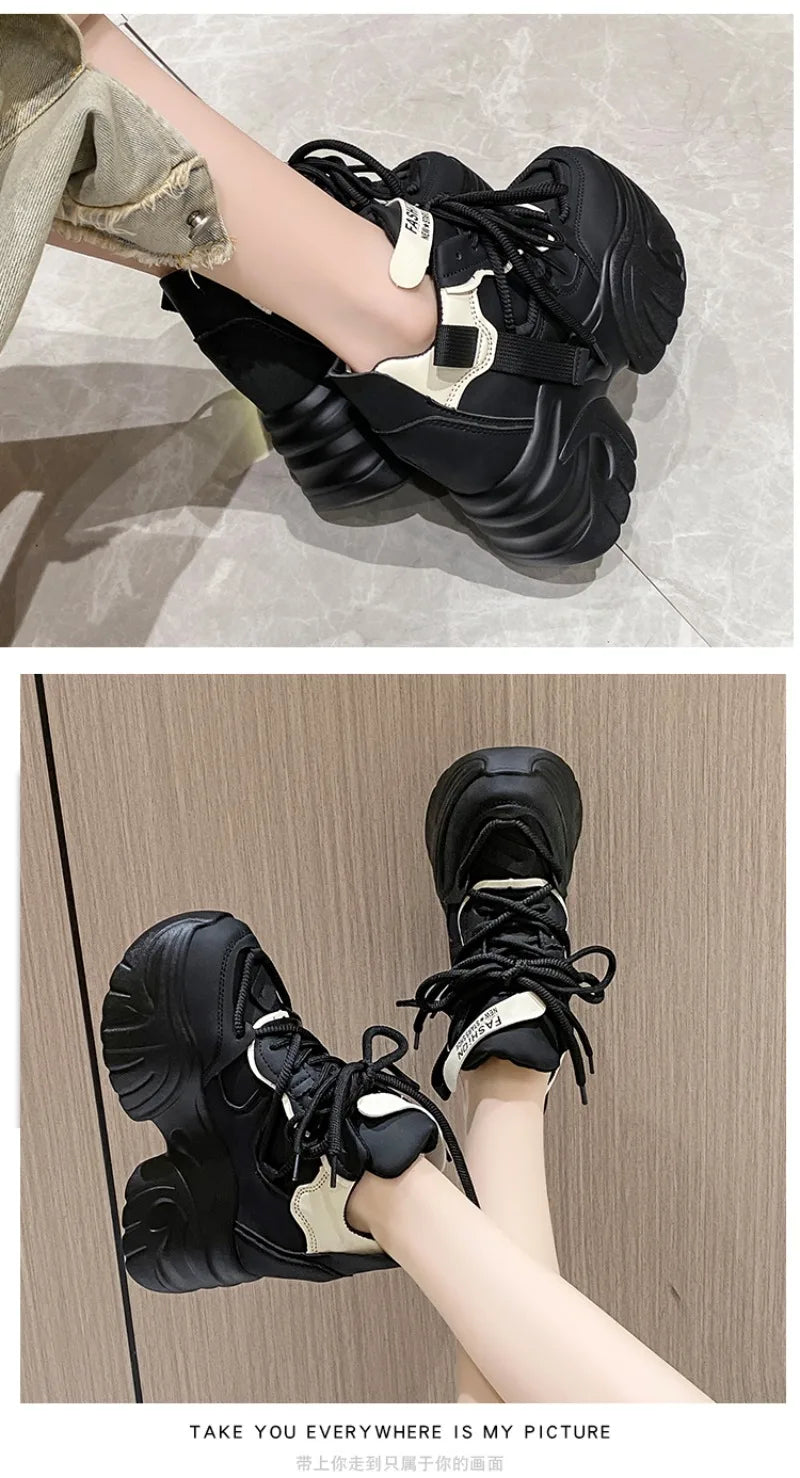 Women Walking Sneakers Autumn Lace-up High Platform Chunky Shoes Breathable Leather Shoes 10.5CM Winter Wedge Heels Casual Shoes