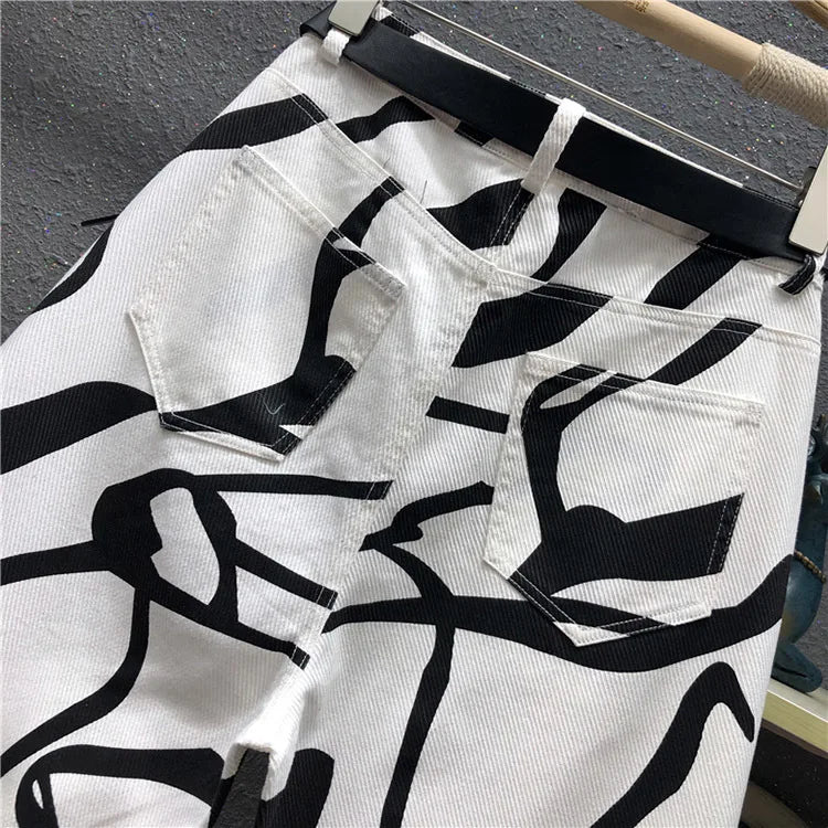 Blugi pentru femei 2025 - Stil streetwear la modă, imprimeu graffiti, talie înaltă, spălat, larg, drept