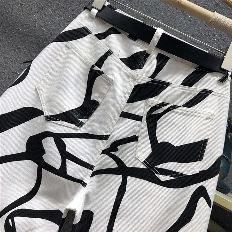 Damen Jeans 2025 - Streetwear Fashion Graffiti Print High Waist Washed Loose Straight - Golden Bridge Store