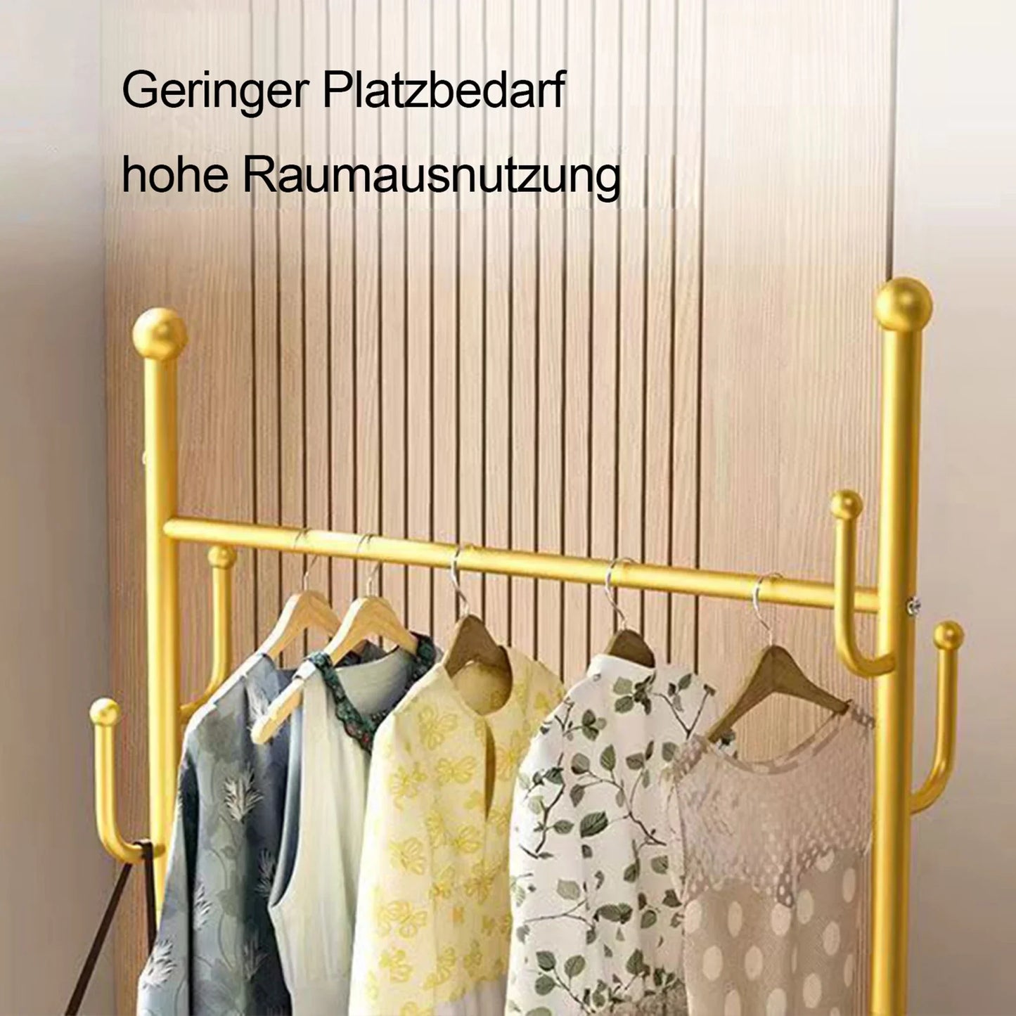 Kleiderständer, Goldener Garderobenständer mit 6 Haken, Freistehender Kleiderständer, Kleiderstange aus Metall