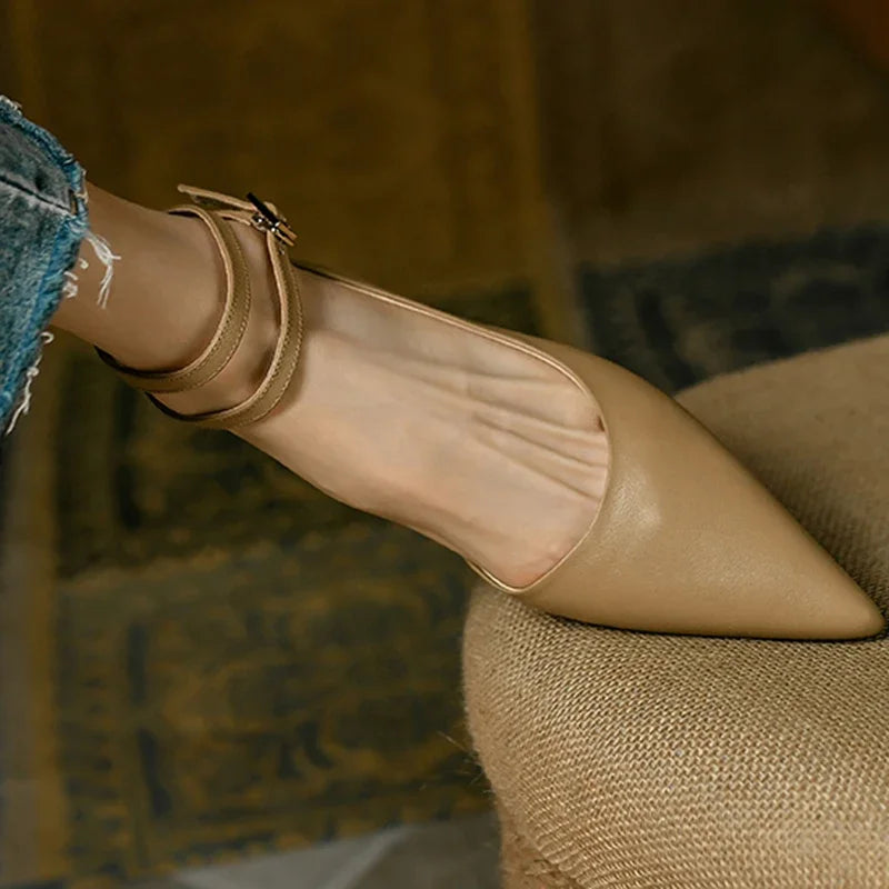 New 2025 Summer Trend Women Sandals Genuine Leather Slingbacks Closed Pointed Toe Apricot Beige Flat Shoes Ankle Strap Ladies