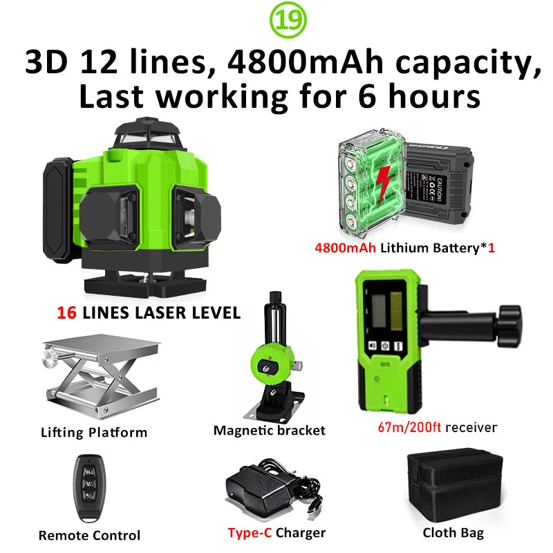 CLUBIONA 16/12 lines Self-leveling Remote Control Outdoor Mode - Receiver Auto 3x360 Green beam Line Laser Level