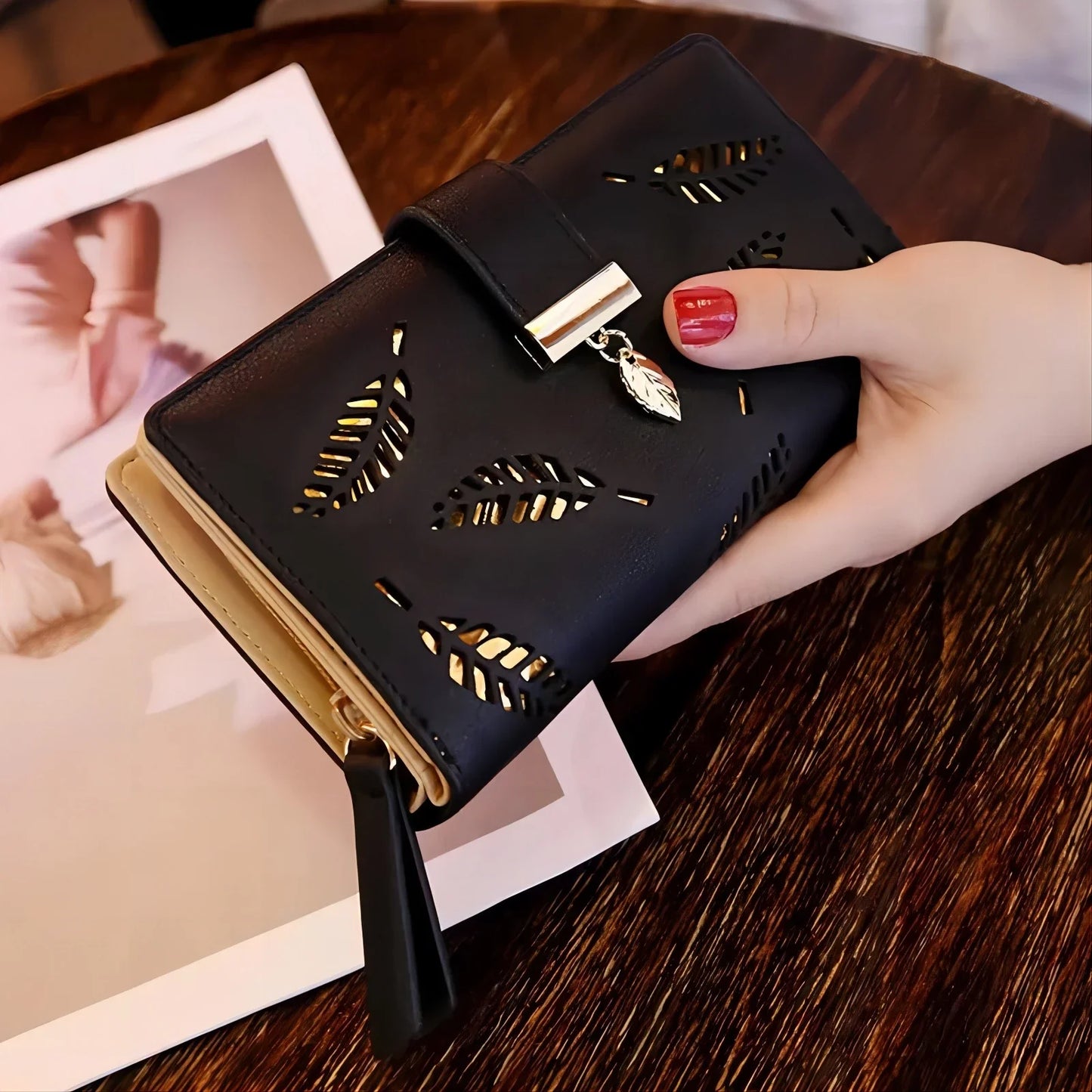 Luxus Frauen Geldbörse Leder Portemonnaie Kurz Reißverschluss Clutch Tasche Klein Ausgehöhlt Blätter Design Mode Marke Geldbörsen