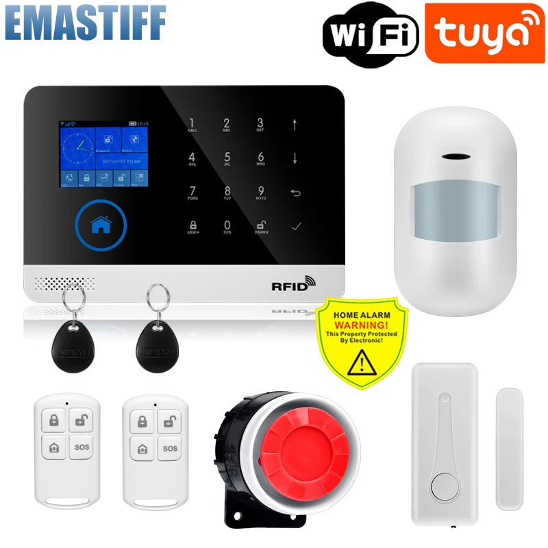 Alarmanlage 2025: Wireless Tuya APP SIM GSM Home RFID Burglar Security - LCD Touch Keyboard WIFI GSM Alarm System Sensor Kit Russian Spanish Voice Collection