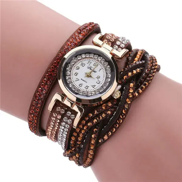 Damen-Uhr 2025: MOONBIFFY Fashion Casual Gold Quartz Women Rhinestone Watch - Braided Leather Bracelet Watch Gift Ladies Wristwatch Relogio Feminino Gift Collection