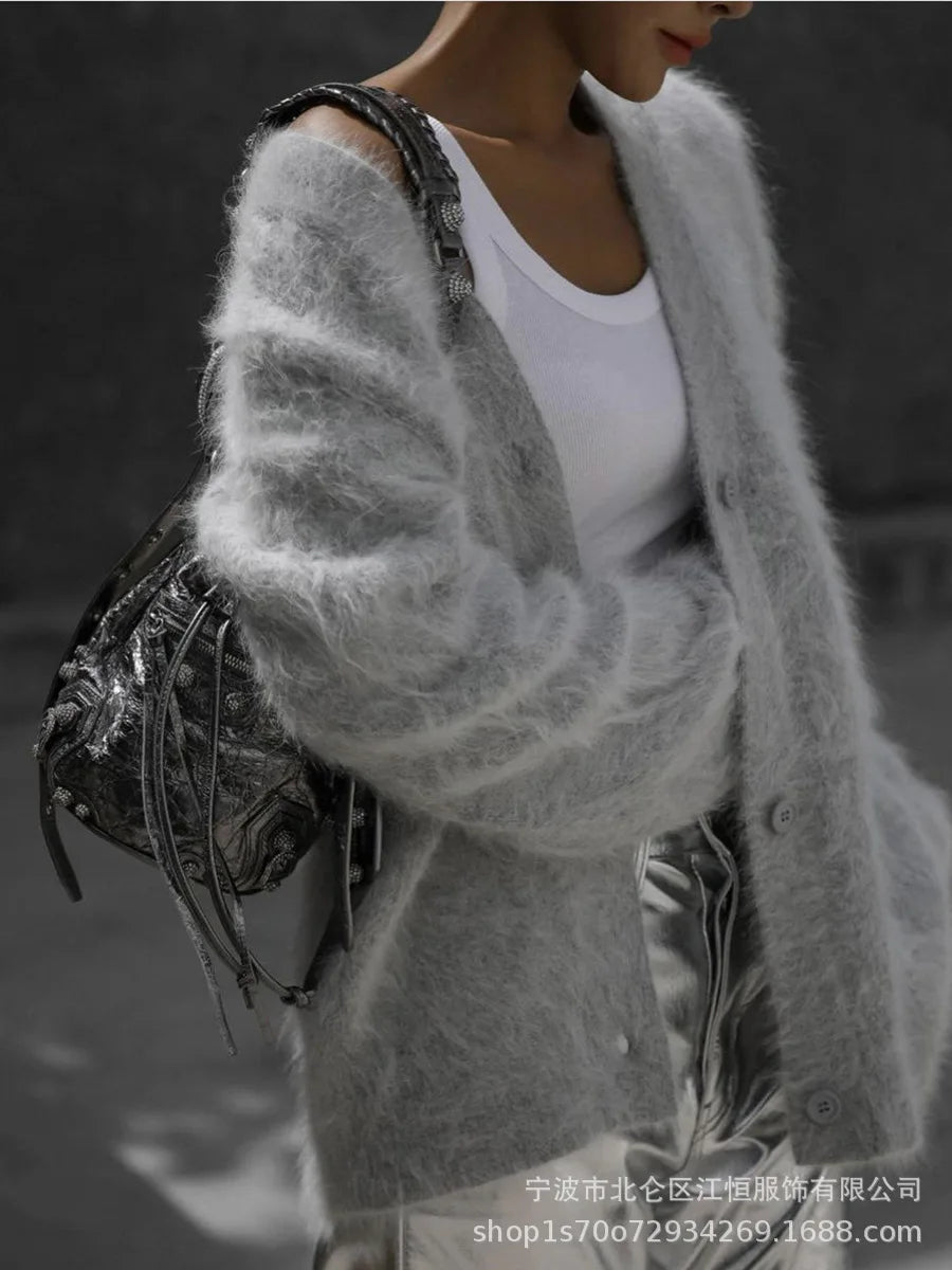 Frauen Kaschmir Strickjacke V-Ausschnitt - Gr. S-XL, lang