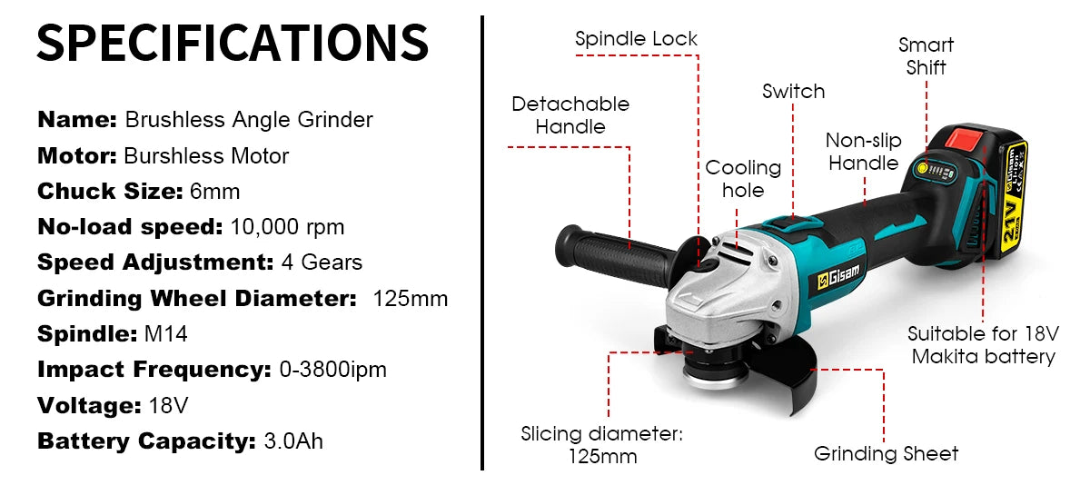 Winkelschleifer 2025: Gisam 125mm 4-Gang Brushless - Cordless Grinding Polishing Makita 18V Power Tools Collection