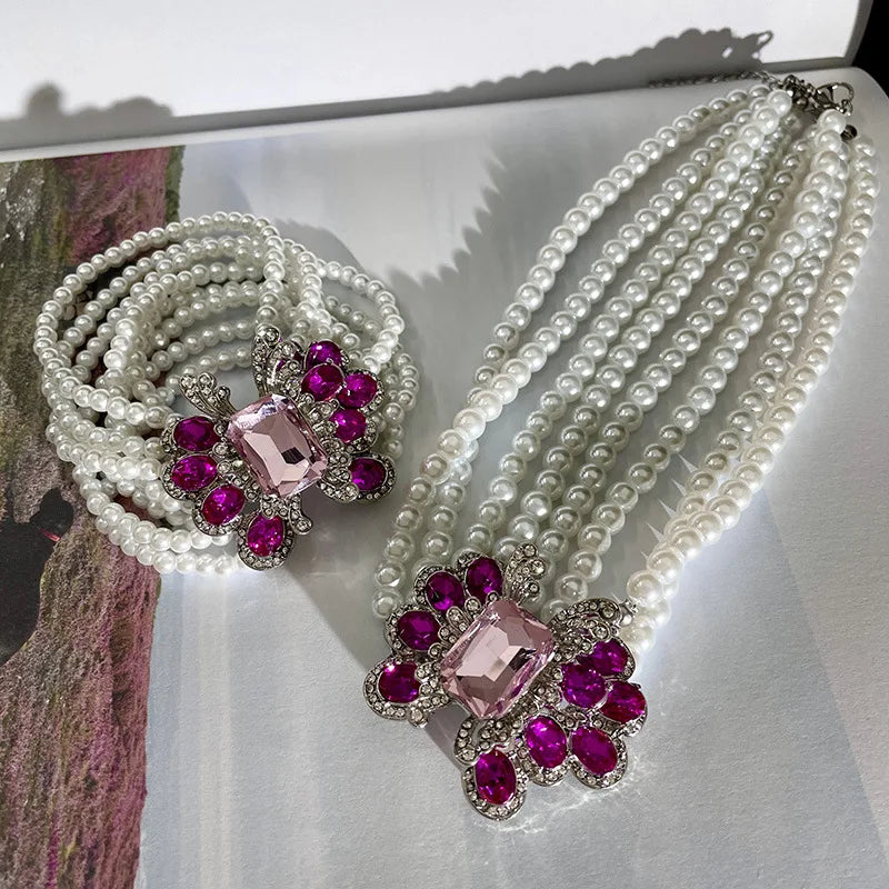 Luxus Strass Geometrische Mehrschichtige Perlen Halskette - Französisches Übertriebenes Design Nische Schlüsselbein Kette - Damen Party Schmuck