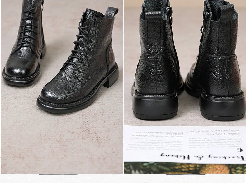 Frühling Dame Knöchel Stiefel 2025 - Echtes Kuh Leder Platform Schuhe - Frauen Winter Jugend Mädchen Weiche Sohle Dicke Absatz Ritter Schnee Stiefel