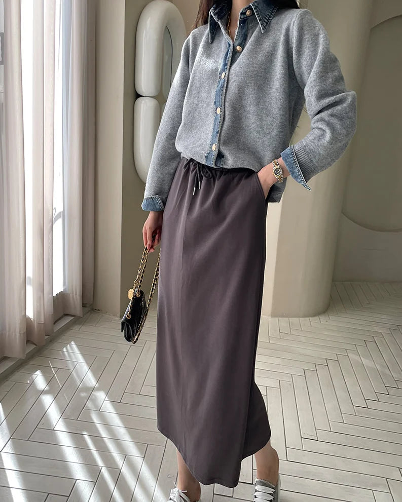 BigLargiCN Strickcardigan Herbst Denim Patchwork Damen Korean Stil - Gewicht 120–220 g/m² Länge Regular Lockere Passform