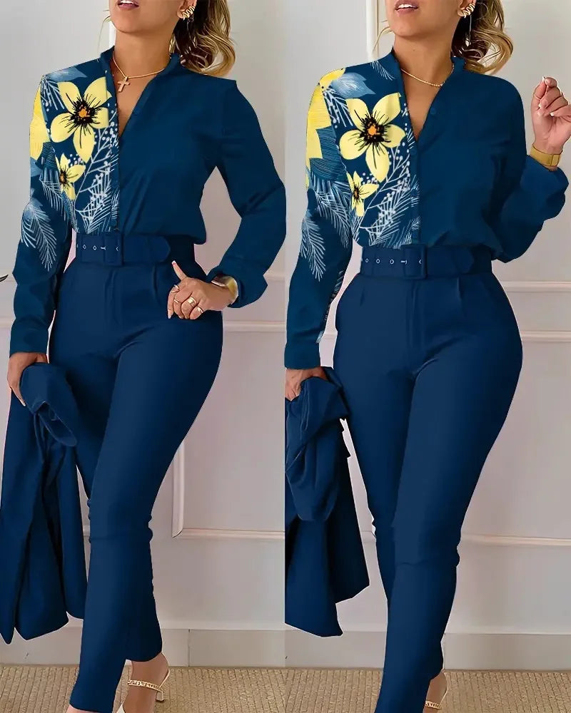 Femei elegante cămașă două piese set costume toamna nouă modă imprimare mânecă lungă top pantaloni negri set cu curea bluze îmbrăcăminte feminină