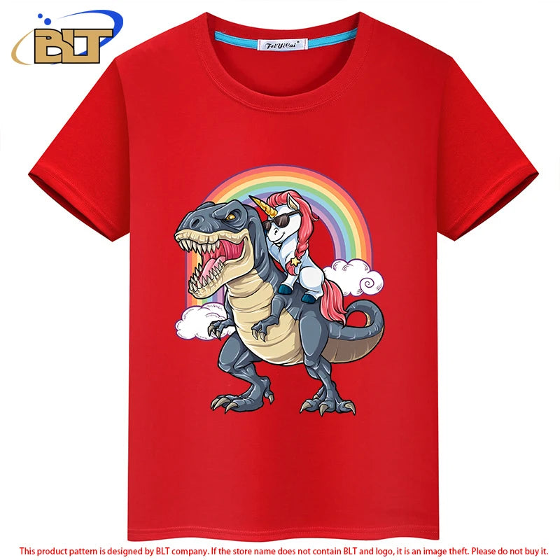 Kinder-T-Shirt 2025: Einhorn auf Dinosaurier - Premium Baumwoll-Mix