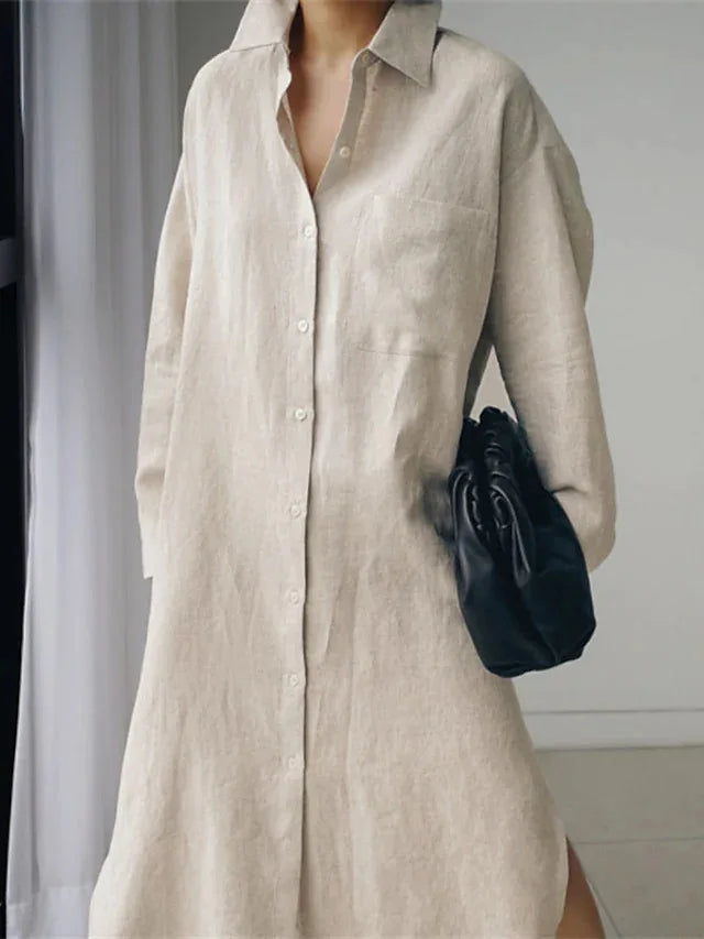 Elegant Women Shirts Dress Spring Fashion V-neck Long Sleeve Cotton Linen Maxi Dresses Ladies Casual Holiday Vestidos 2024 Robes