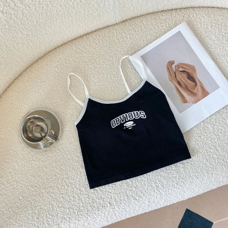 Femei topuri tanc cu burete sutien Crop topuri O-neck culoare solidă Crop topuri vară scrisoare imprimare spaghete camisol top edgy haine Y2k