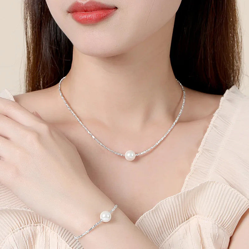 Sparkling 12mm Pearl Pendant Necklace For Women Girl 100% 925 Sterling Silver Choker Chain Wedding Birthday Party Gift Jewelry