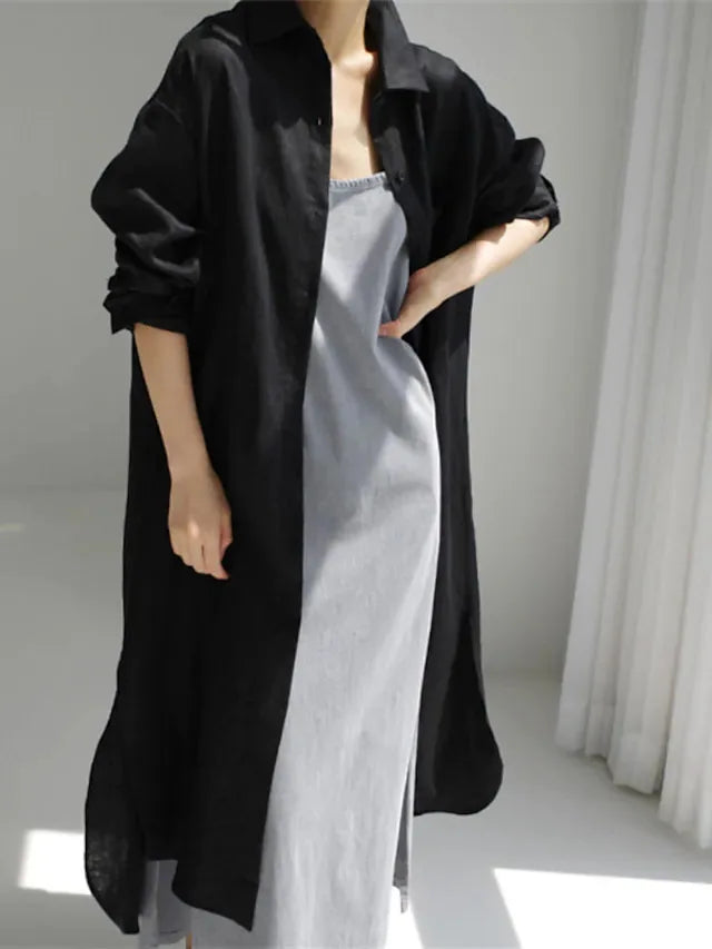 Elegant Women Shirts Dress Spring Fashion V-neck Long Sleeve Cotton Linen Maxi Dresses Ladies Casual Holiday Vestidos 2024 Robes