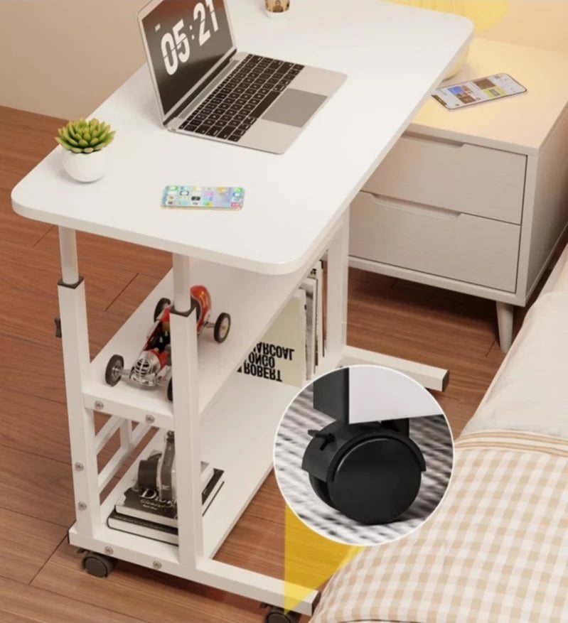 Three-layer Multifunctional Folding Desk with Wheels, Adjustable Height and Storage Shelves,Suitable for Bedroom, Outdoor Office