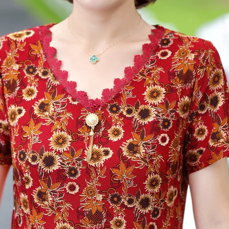 Elegant Women Dress Elegant Casual V-Neck Print Vintage Ladies Mid-Calf High Waist Summer Bohemian Dresses