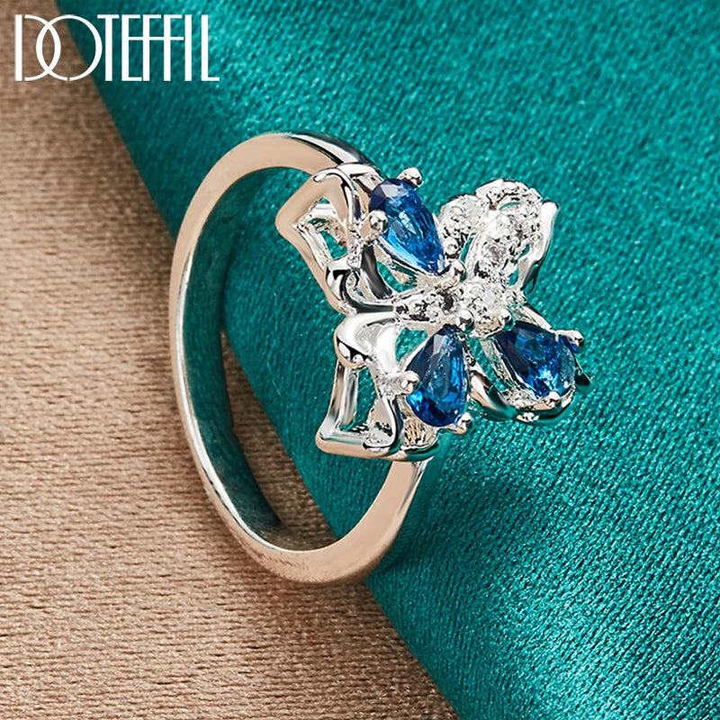 DOTEFFIL 925 Sterling Silver Blue AAA Zircon Fluture Inel Pentru Femei Moda Nuntă Logodnă Petrecere Cadou Charm Bijuterii