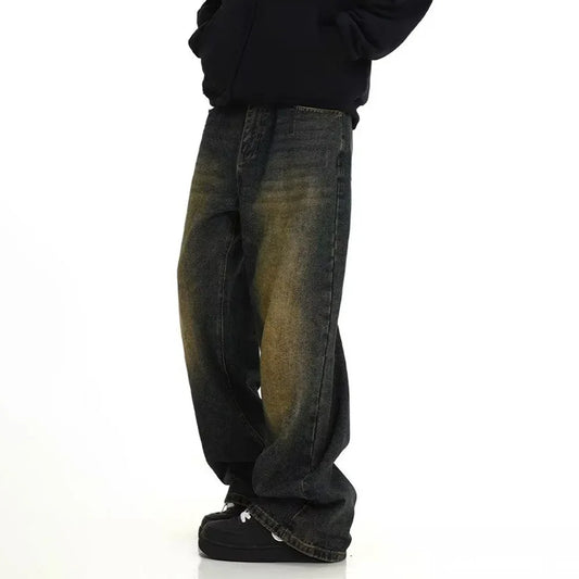 Mens Retro Casual Washed Jeans Personality American Streetwear Straight Versatile Trouser Fashion Men'S Clothing Jeans Summer - Golden Bridge Store