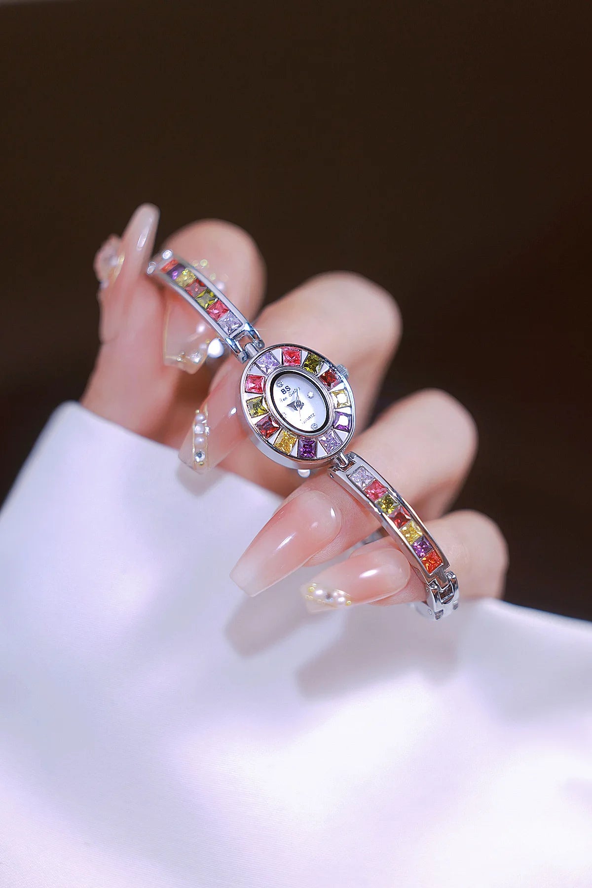 Womens Watch Luxury Fashion Quartz Wristwatches Colored Rhinestone Small Silver Bracelet Watches For Women Gifts
